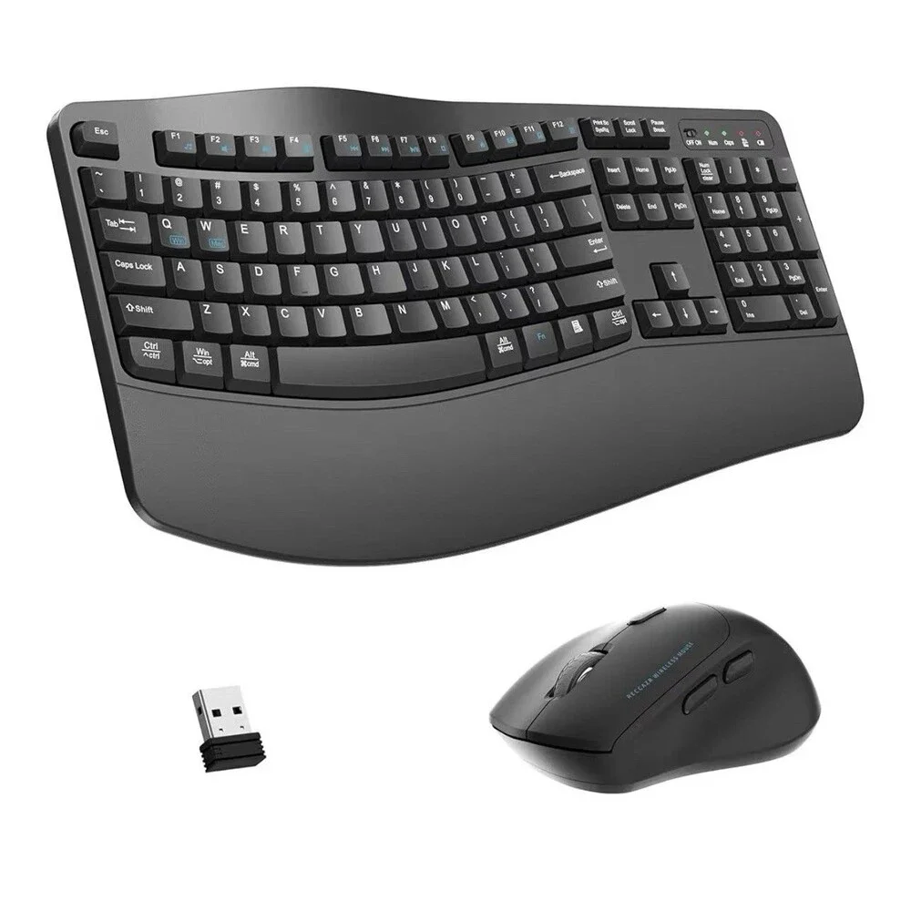 Wireless Keyboard and Mouse Combo,2.4G Full Size Wave Keys Ergonomic Keyboard